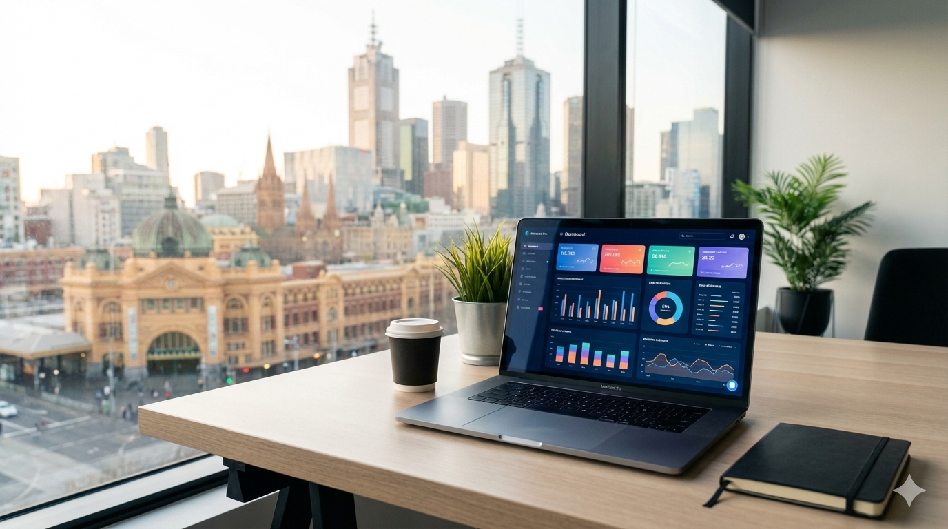Analytics dashboard on laptop with Melbourne skyline in background