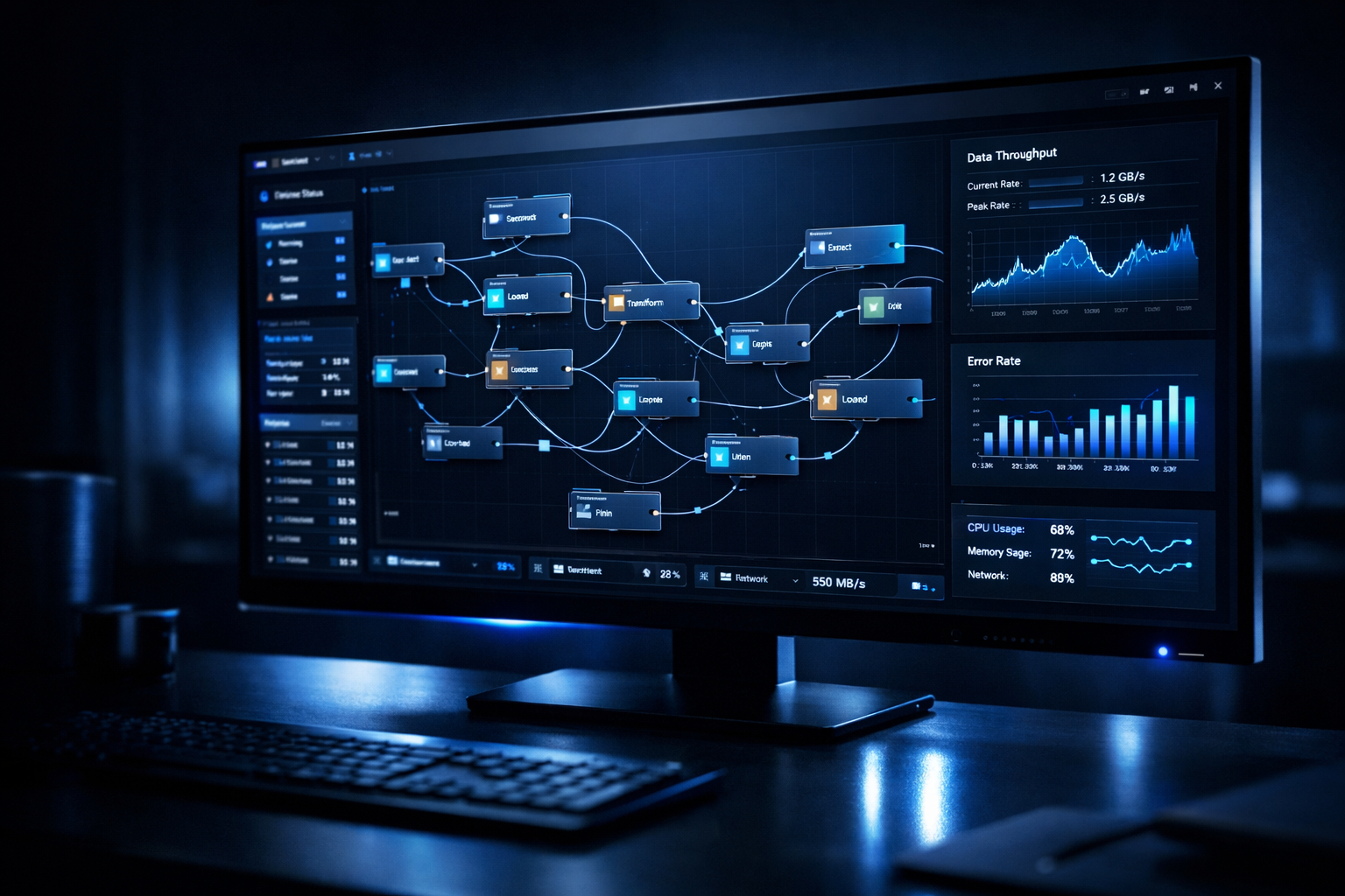 Monitor displaying a data pipeline dashboard with real-time analytics and charts in dark blue lighting